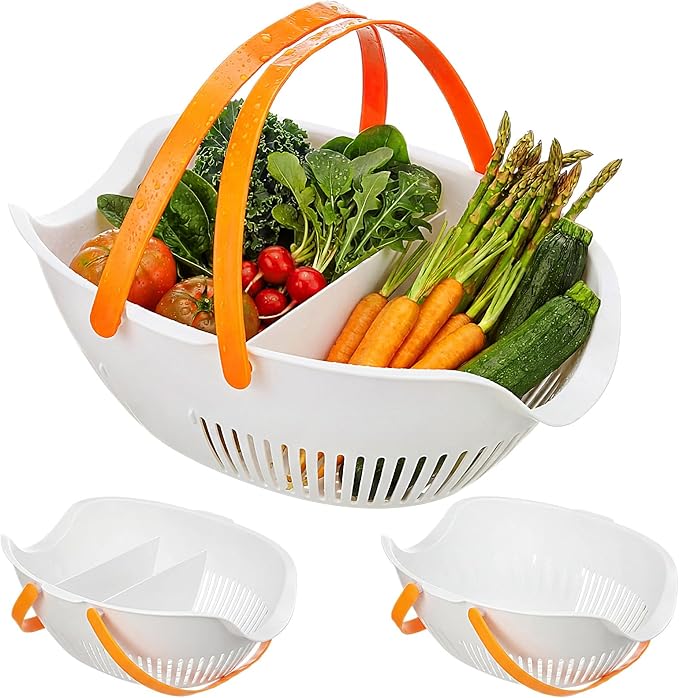 Nuogo 3 Pcs Garden Harvest Basket, Removable Partitions with Tool Caddy for Collecting, Carrying, and Cleaning Harvesting Basket Doubles Colander for Vegetables and Fruits Garden Accessories(White)