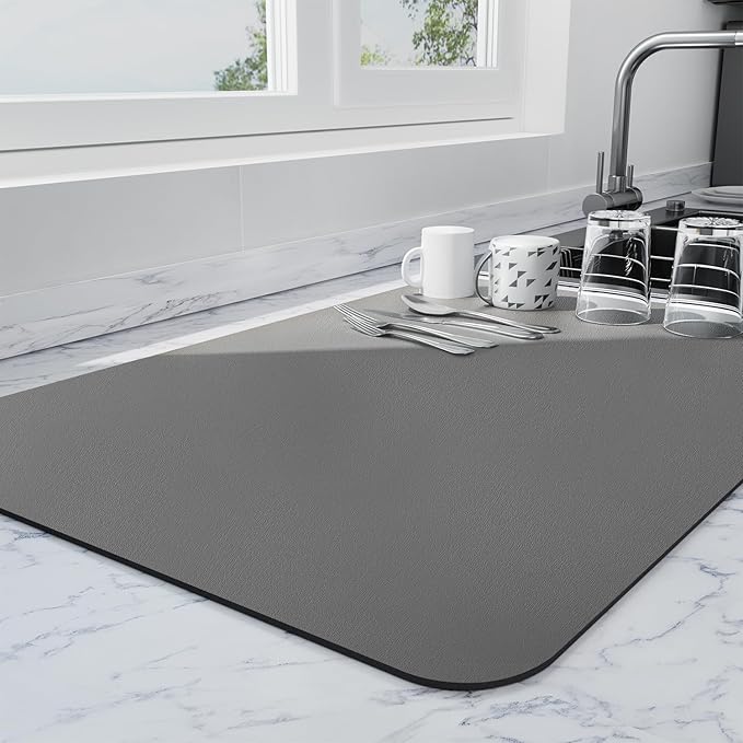 Ecotrim - Dish Drying Mat for Kitchen Counter | Coffee Bar Mat for Countertops | Heat Resistant Drainer Mat with Non-slip Rubber Backed | Hide Stain Kitchen Absorbent Draining Mat | Dark Grey 18"x32"