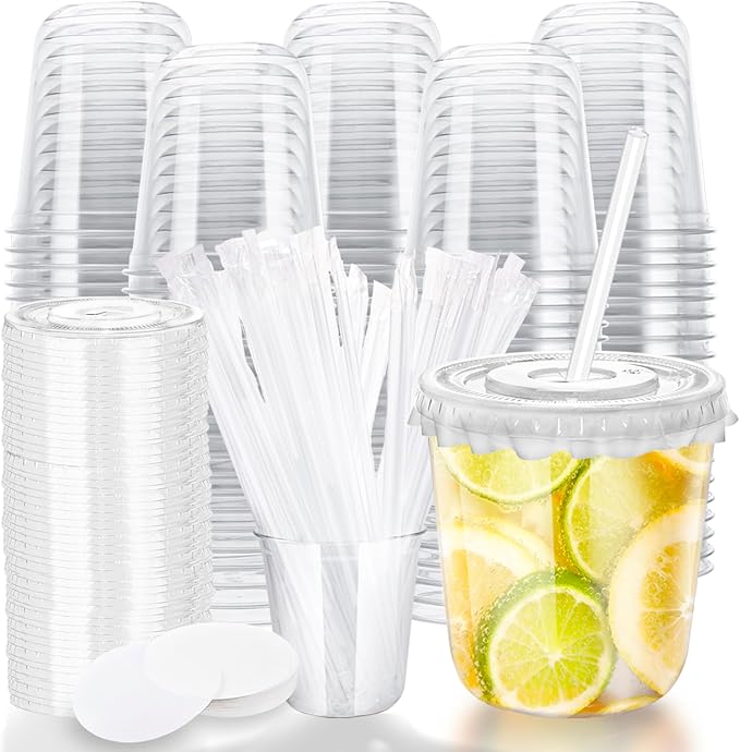 12oz Disposable Stemless Glasses with Flat Lids and Straws,PET Disposable Drinking Cups,Clear Plastic Wine Glasses for Parties Birthday,Wedding,Meeting,Christmas Party Supplies. (100, Transparent)