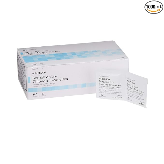 McKesson Benzalkonium Chloride Towelettes [Pack of 1000] First Aid Antiseptic Wipes, Sterile Individual Wrapped