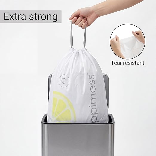 happimess 13.2 Gallon (50L) Drawstring Trash Bags, Lemon Scent, White, Heavy Duty MDPE Liners for Kitchen and Household, Odor Control, Custom Fit 120 Count (6 Packs of 20 Liners) HPM3100C-W-6SET