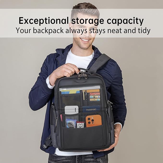 Slim Rugged Backpack Organizer Insert for Business Casual Men Women -13 Pockets,Padded Nylon,Max 14'' laptop - Black