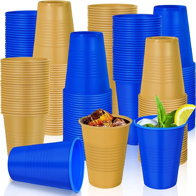Funnymoom 100 Pcs Blue and Gold Plastic Cups, 12 oz Disposable Party Cups for Graduation, Ceremony, Wedding Reception, Birthday Party Supplies