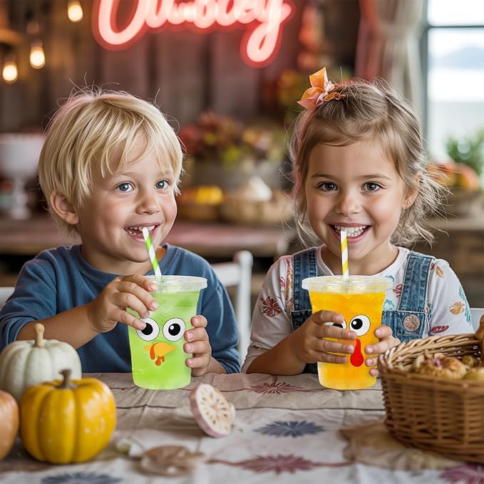 FYSUIMU 100Pcs 12Oz Fall Thanksgiving Plastic Cups with Lids and Straws Funny Cartoon Turkey Expression Cold Beverage Drinking Cups for Autumn Harvest Party Supplies