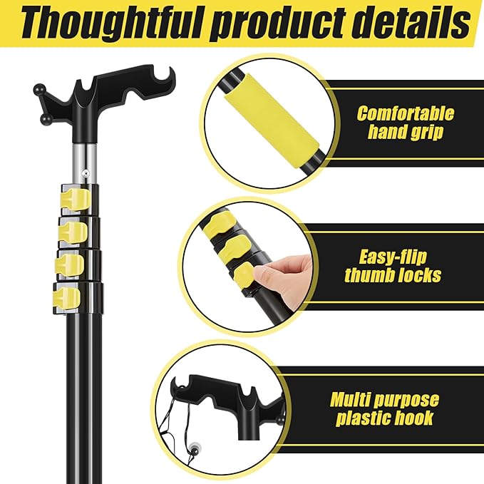 7-36 ft Telescopic Extension Pole with Utility Hook, Multi-Purpose Aluminum Pole for Painting, Dusting and New Year Window Cleaning Christmas Lights Installation Without a Ladder(Yellow)