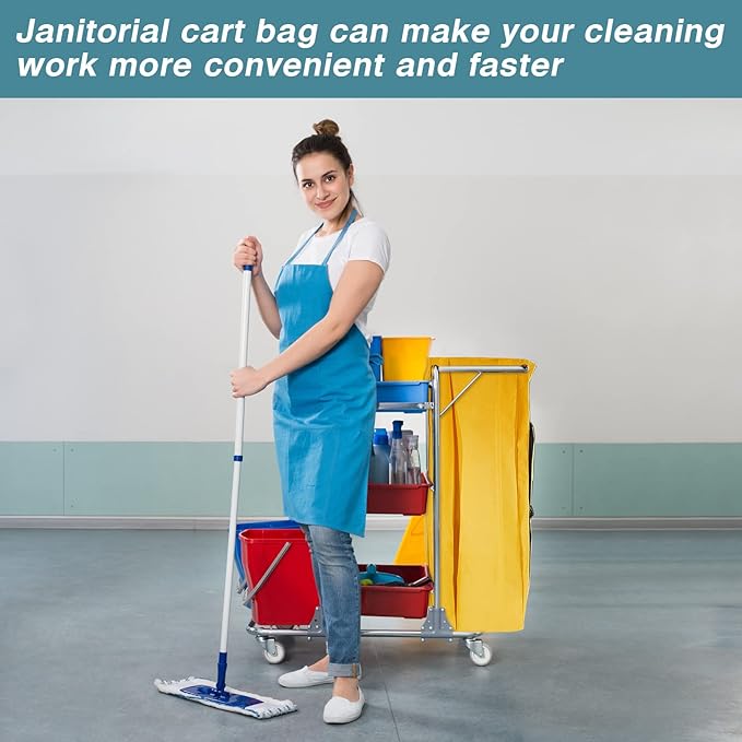 Meanplan 2 Pack Cleaning Cart Bag Zippered Front Replacement Janitorial Cart Thick Bag Large Capacity Commercial Cleaning Bags for Housekeeping Carts, Yellow (33 x 16.8 x 10.5 Inch)