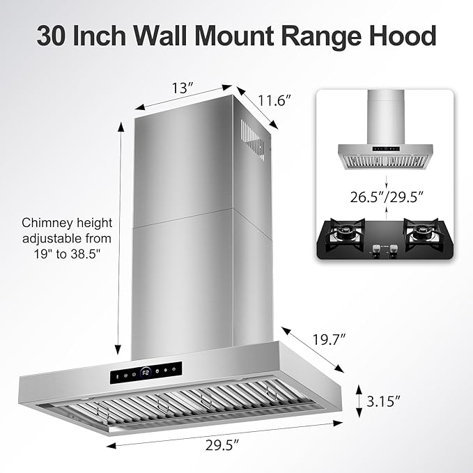 30 inch Wall Mount Range Hood, 1200 CFM with 4-Speed Gesture Sensing & Touch Control, Stainless Steel Ducted Kitchen Stove Vent Hoods with 2 LED Lights, Time Setting, Dishwasher-Safe Baffle Filters