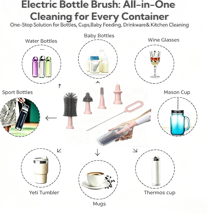 Electric Bottle Brush Set, 6-in-1 Electric Cleaning Brush with Waterproof Silicone Cleaner, 3 Replaceable Brush Heads, Straw Brush & Extension Rod, for Baby Feeding Accessories and Kitchen Utensils