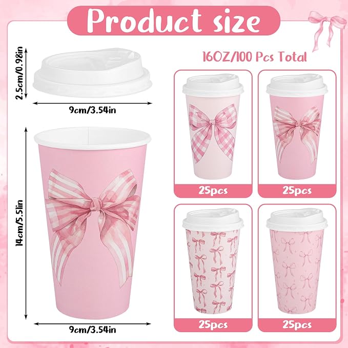 100 Pack Coquette Pink Bow Disposable Coffee Cups with Lids, 16 oz Valentine's Day Cute Bowknot Paper Cup Insulated Coffee Cup for Birthday Anniversay Baby Shower Bachelorette Party Supplies, 4 Styles