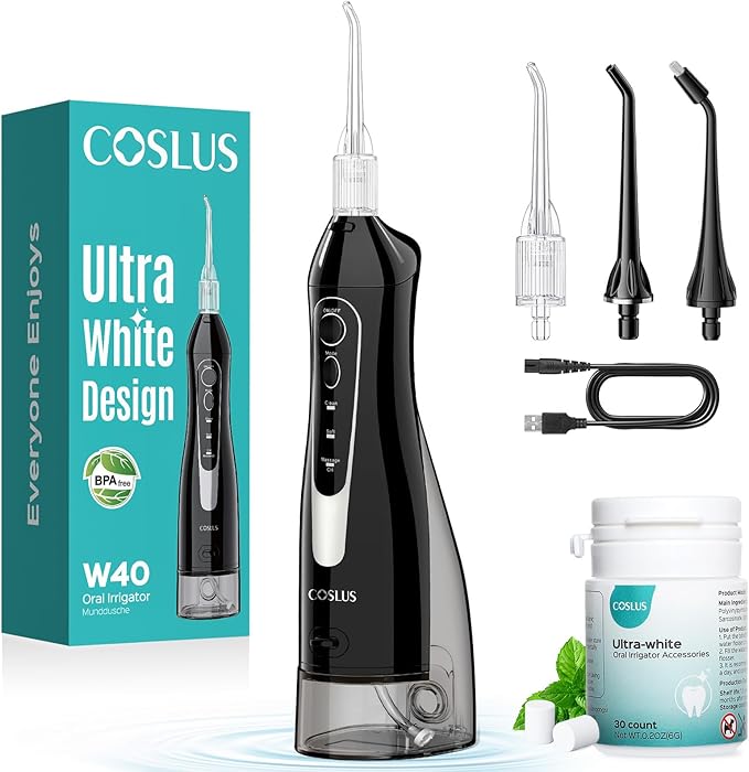 COSLUS Water Flosser Pick with Whitening Mint Flavor Refill Combo for Teeth, Braces, Gums Care - Easy to Use, Portable for Coffee Lovers & Travel, Rechargeable, BPA-Free, Black