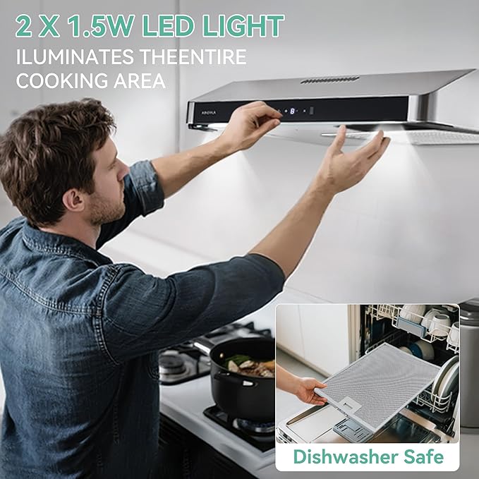 30 Inch Under Cabinet Range Hood | 400 CFM Stainless Steel | Convertible Ducted/Ductless | Touchless Gesture Control | Washable Grease Filters | 3 Speed Fan | LED Lighting - Kendraja