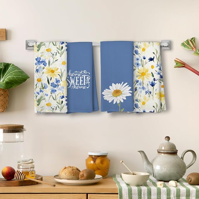 Summer Daisy Floral Kitchen Towels Set of 4, Daisy Lover Gifts Dish Hand Towels Decorations, Blue Farmhouse Seasonal Watercolor Flower Towel for Kitchen Bathroom Decor, 16 x 24 Inch