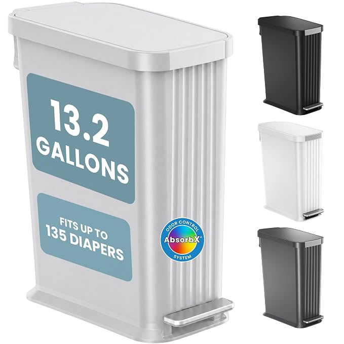 Patented 13 Gallon Step Diaper Pail, Fits Kitchen Bags, Odor Filter, 50L Baby Trash Can, 135 Diaper Capacity, No Refills Needed, for Nursery Diapers & Adult Incontinence Underwear, Matte Light Gray