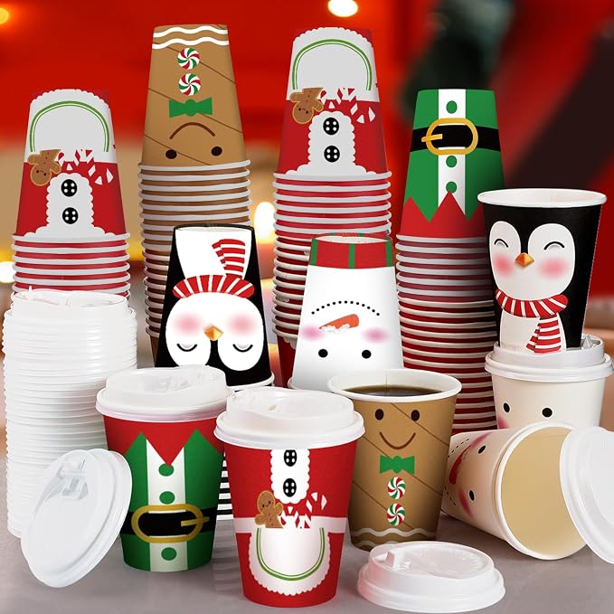 Gerrii 100 Set Christmas Paper Cups Disposable 12 oz with Lids Hot Chocolate Cups Coffee Cups Holiday Hot Cups for Hot and Cold Drinks Tea Water Bar Supplies Winter Season (Cute Style)