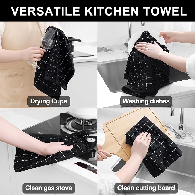Homaxy Kitchen Towels and Dishcloths Set, 12 x 12 and 20 x 28 Inches, Set of 8 Bulk Cotton Terry Kitchen Towels Set, Checkered Designed, Soft and Super Absorbent Dish Towels, Black