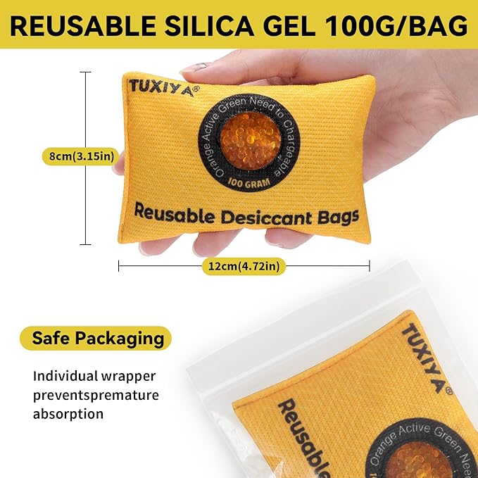TUXIYA 8Pack Activated Charcoal Odor Absorber/ 12Pack(100g Each) Rechargeable Silica Gel Desiccant Packets