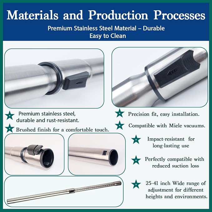 Upgraded Stainless Steel Vacuum Extension Wand, Extends Up to 41 Inch, 1-3/8” (35mm) Telescopic Metal Tube Compatible with Miele C1 C2 C3 S4 S5 S8 S10 Canister Vacuums, Non-Electric Replacement Wand