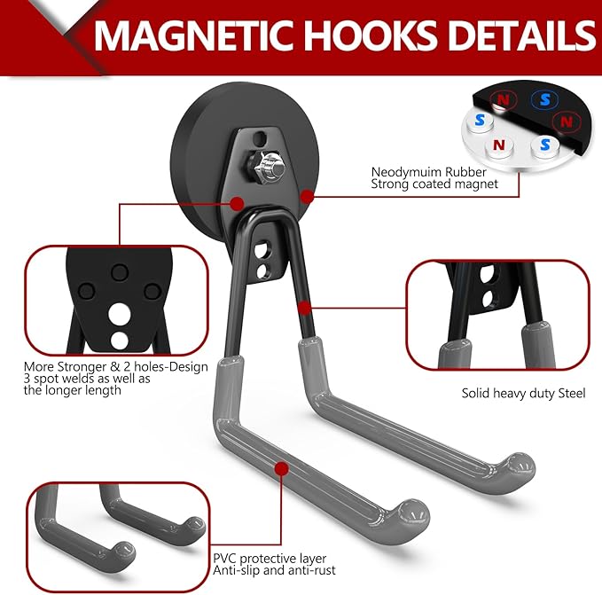 3-H Extra Strong Magnetic Hooks,Heavy Duty Large Anti-Slip Magnet Hooks U Shape,No-Drill Tool Holder for Garage,Power Drill,Garden Tools,Hose Storage,2 Pack Gray