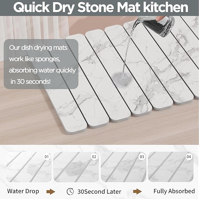 Stone Drying Mat for Kitchen Counter, White Fish Belly Stone Dish Drying Mat - Diatomaceous Earth Water Absorbing Drying Stone for Kitchen Counter Mat, Quick Dry Stone Mat Kitchen