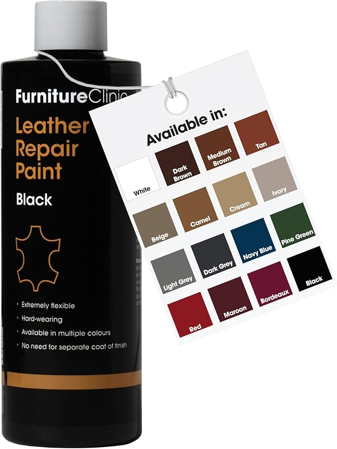 Furniture Clinic Leather Repair Paint | 2-in-1 Seal and Color | Use on Scratches, Tears, and Holes in Car Seats, Furniture | Quick and Easy Leather Repair Kit for Furniture (Black, 500ml / 17oz)