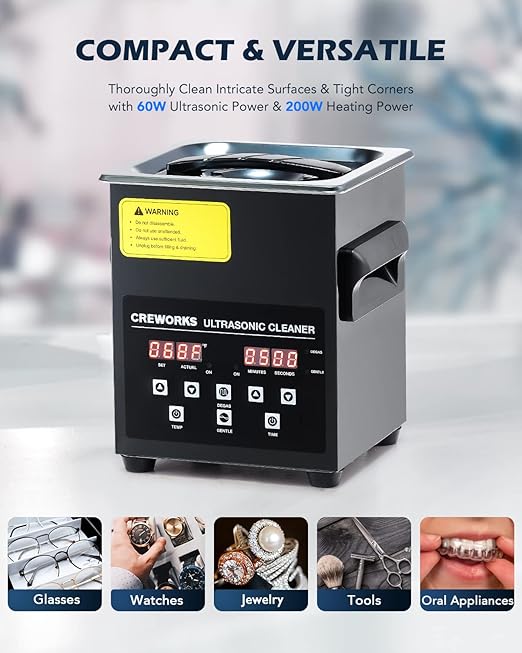 CREWORKS 2L Digital Ultrasonic Cleaning Machine with Degas and Gentle Mode, 60W Ultrasonic Cleaner Machine with Heater and Timer, 0.5 gal Ultrasound Cleaner for Retainer Watch Denture Glasses More