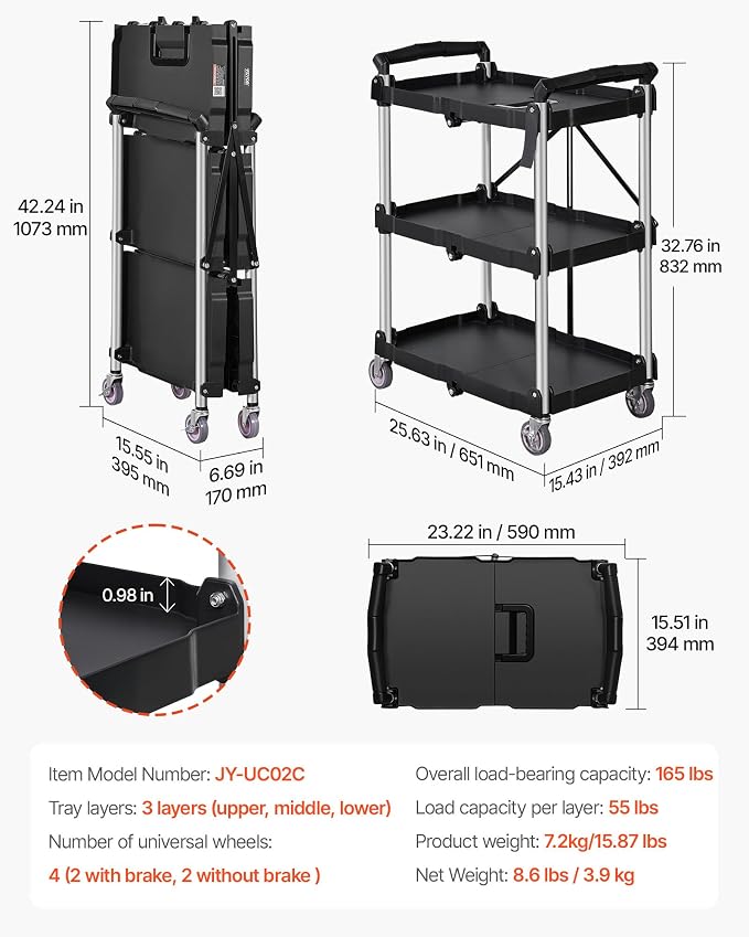 VEVOR Foldable Utility Service Cart, 165LBS 3 Shelf Heavy Duty Plastic Rolling Cart with 360° Swivel Wheels (2 with Brakes), Ergonomic Handle, Portable Garage Tool Cart for Warehouse Office Home