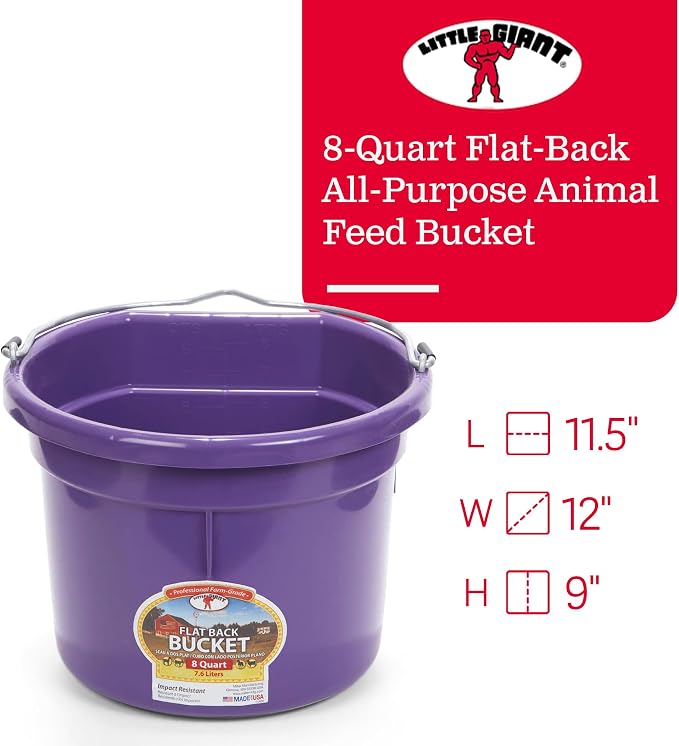 Little Giant P8FBPURPLE 2 Gallon All Purpose Heavy Duty Farm Flat Back Plastic Buckets for Supplies, Toys, Laundry, and Water, Purple, (2 Pack)