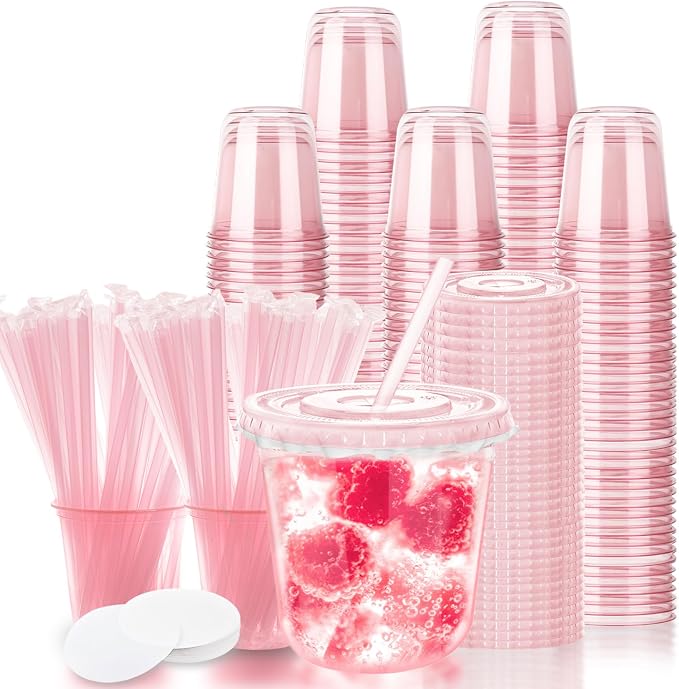 12oz Disposable Stemless Glasses with Flat Lids and Straws,PET Disposable Drinking Cups,Clear Plastic Wine Glasses for Parties Birthday,Wedding,Meeting,Christmas Party Supplies. (100, Pink)