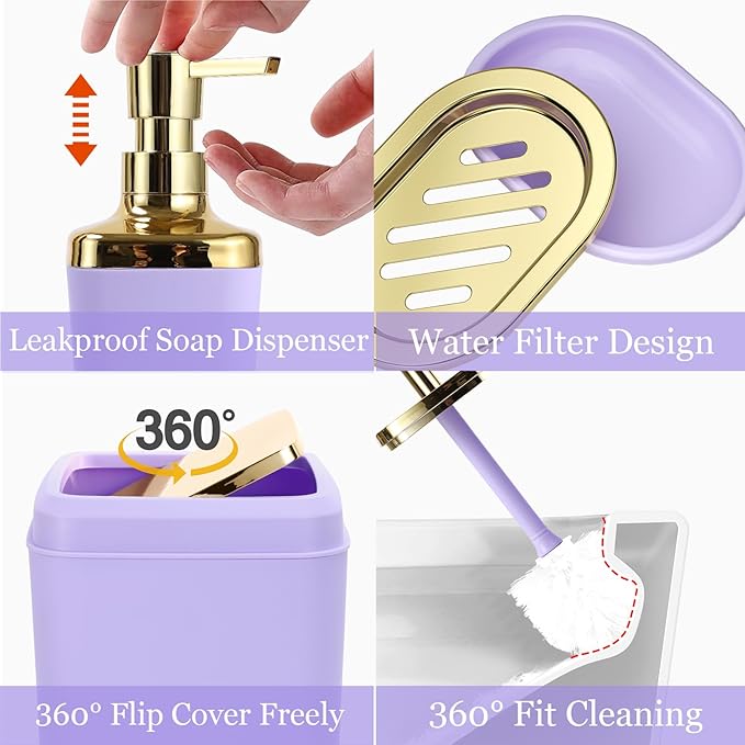 XLHOMO Purple Bathroom Accessories, 24 Pieces Purple and Gold Bathroom Accessories Set with Shower Curtain, Bath Towels, Trash Can, Soap Dispenser and Soap Dish for Bathroom/Housewarming