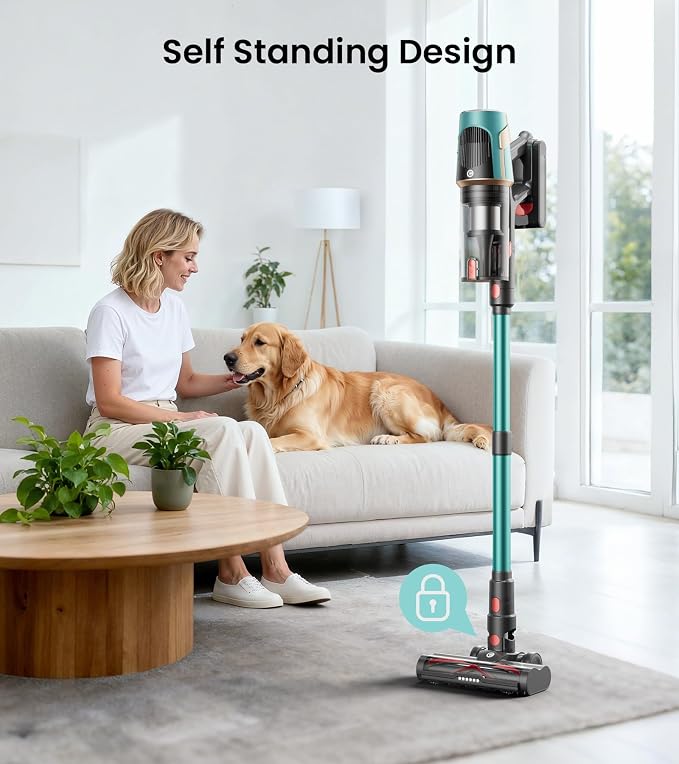 CHEBIO Cordless Vacuum Cleaner, 550W/45Kpa Vacuum Cleaners for Home with LED Display, Anti-Tangle Cordless Stick Vacuum with 65Min, Lightweight Wireless Vacuum (Green)