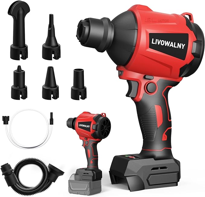 LIVOWALNY Cordless Air Pump Dust Blower Compatible with Milwaukee 18V Battery, Brushless Air Duster Compressed Air Mattress Pump w/ 3 Speeds & 7 Nozzles & 447 MPH/39 CFM for Workshop(Tool ONLY)
