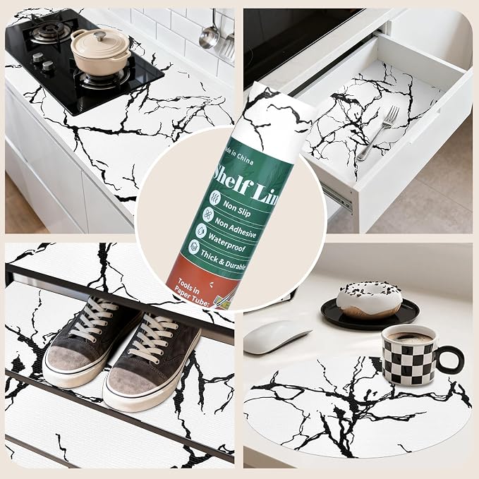 2-Layer Drawer and Shelf Liner for Kitchen Cabinet: 12 in X 20 Ft Non Slip Waterproof Shelf Paper Non Adhesive Refrigerator Liners White/Black Marble Easy Liners for Bathroom with Knife Tape Measure