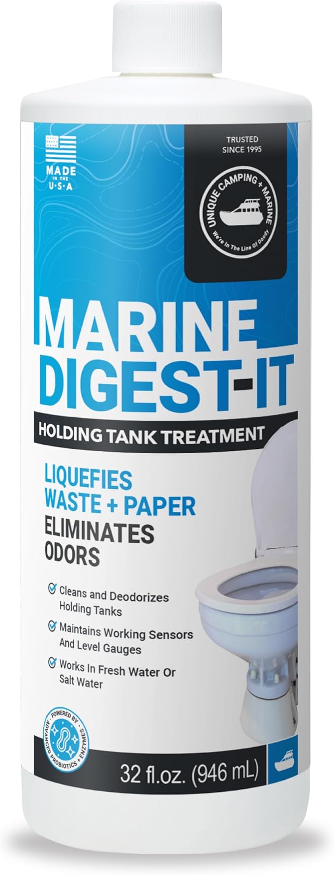 Unique Marine Digest-It Boat Toilet Treatment, Tank Deodorizer, Toilet Smell Eliminator Breaks Down Waste - 16 Liquid Treatments (32 oz.) Packaging May Vary
