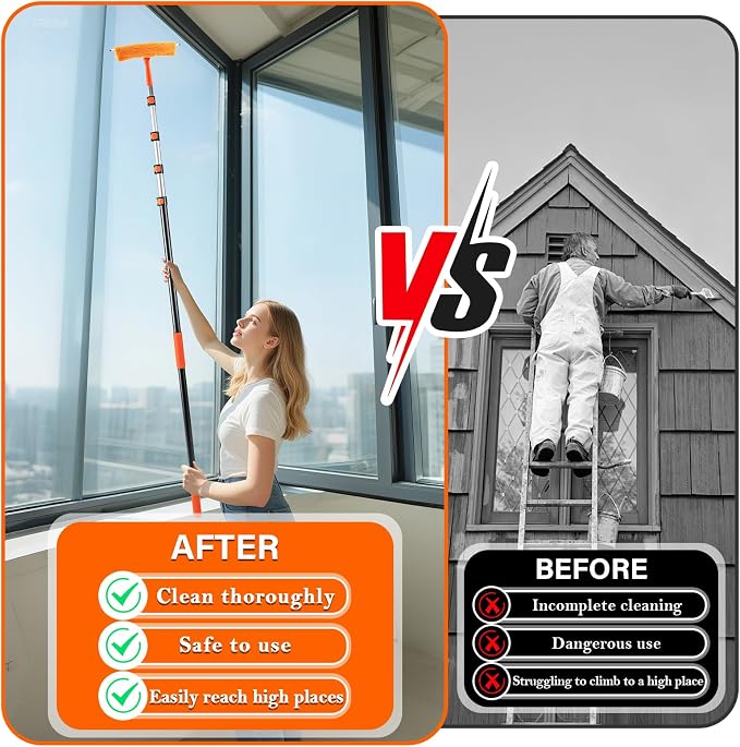 26FT High Ceiling Duster with Extension Pole, High Reach Duster Cleaning Kit, Ceiling Fan Cleaner Duster, Cobweb Dusters & Window Cleaning Squeegee Kit for Fan Blades, Furniture, Corner, Long Dusters