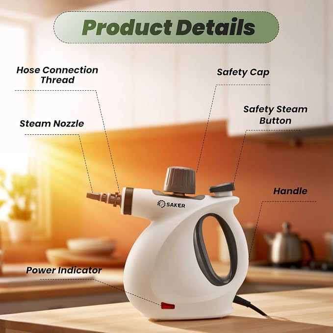 Saker Pressurized Handheld Steam Cleaner,Steam Disinfection Cleaner,Portable Steam Cleaner for Home,1050W Steam Cleaner,Quick Heating & Deep Cleaning of Floors, Cars, and Kitchen with 5 Fiber Cloths