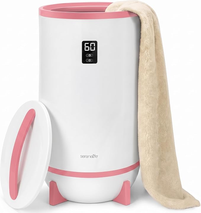 SereneLife Towel and Blanket Warmer - Single Touch Portable Towel Heater for Bathroom, Fragrant Disc Holder, LED Ring, 2 Large Towel Capacity, Built-in Timer (15-60 mins), Auto Shut-Off (Pink)