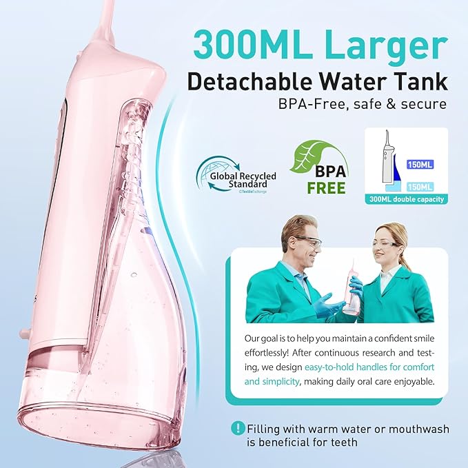 COSLUS Water Dental Flosser Teeth Pick C20: Portable Cordless Oral Irrigator 300ML Rechargeable Travel Irrigation Cleaner IPX7 Waterproof Electric Flossing Machine for Teeth Cleaning, Pink