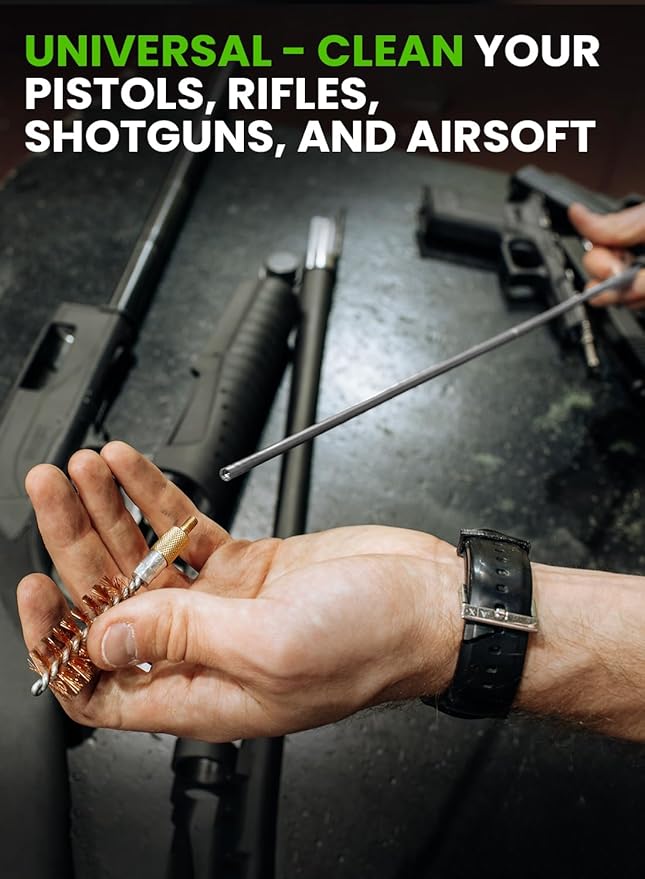 Universal Gun Cleaning Kit for All Guns - Portable Gun Cleaning Kits for Handguns and Rifles, Shotgun, Airsoft - Incl. Stainless Steel Rods, Brass Jags, Gun Cleaning Patches, Cleaning Swabs