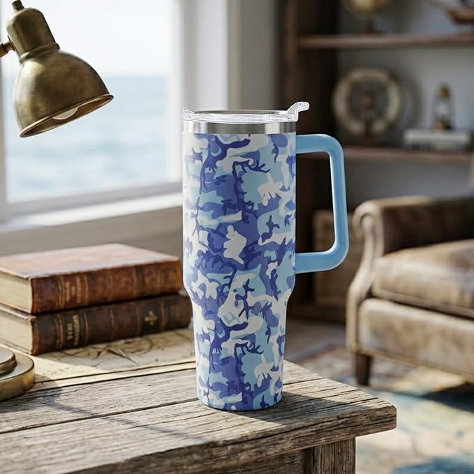 Ceovfoi 40oz Blue Camo Tumbler with Handle Lid Straw, Vacuum Insulated Coffee Mug Water Bottle, Camouflage Decor Gifts for Men Women