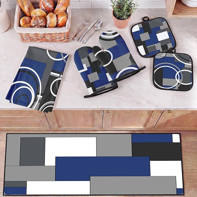 10 Pcs Navy Blue Kitchen Decor and Accessories Set, 4 Dish Towels Kitchen Rugs 2 Oven Mitts 2 Pot Holders, Home Decor for Cooking Baking BBQ Gifts Women Mom Housewarming
