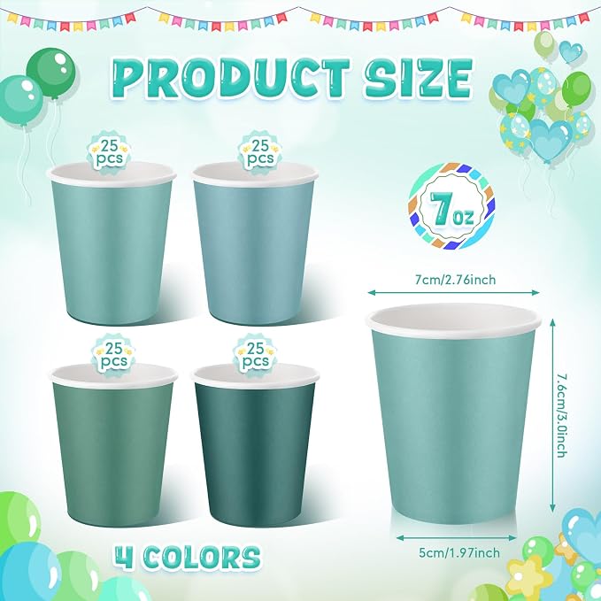 100 Pcs Sage Green Paper Cups 7 oz Disposable Party Cups Bulk for Birthday Rainbow Party Supplies DIY and Holiday Hot Cold Beverage