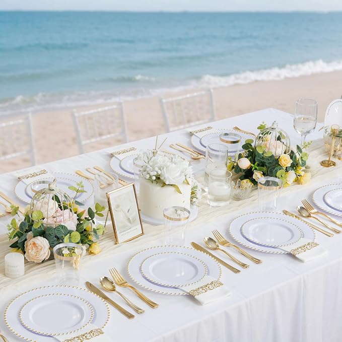LIYH 350 Pcs White and Gold Plastic Plates - Elegant Disposable Gold Plastic Dinnerware Set Include Dinner & Dessert Plates Cups Napkins for Birthday Party Wedding