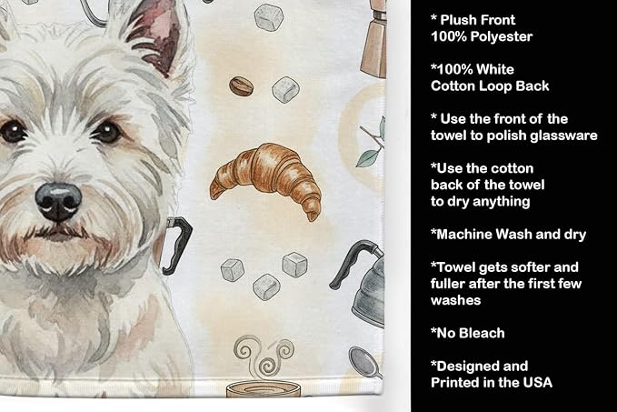 Caroline's Treasures Westie Coffee Bar Kitchen Towel Velour Plush Front and Cotton Loop Back Machine Washable