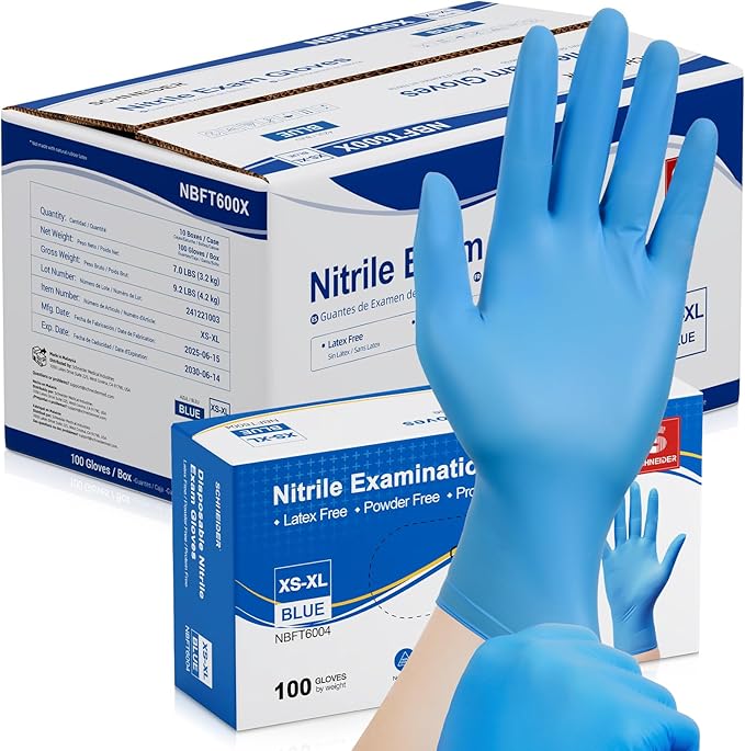 Schneider Nitrile Exam Gloves, Medical Grade Blue Disposable Gloves Latex Free, Rubber Glove for Cleaning, Cooking, Food Prep