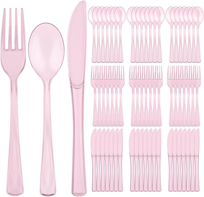 75 PCS Plastic Silverware Disposable Silverware Heavy Duty Utensil Sets 25 Of Each Forks Knives & Spoons Disposable Cutlery Set For Easter,Birthday,Baby Shower,Garden Party,Wedding(75,Pink)