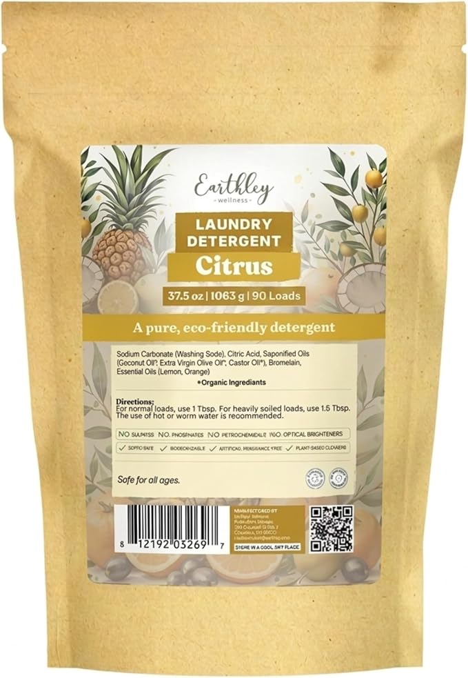 Earthley Wellness Laundry Detergent, Gentle on Sensitive Skin, Bromelain, Safe for Baby Clothes & Cloth Diapers, Eco-Friendly, Pineapple Enzyme to Fight Stains (90 Loads, Citrus)