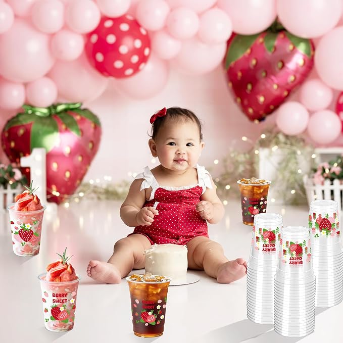 100 Pcs Strawberry Plastic Cups, 12 oz Disposable Cups Pink Clear Strawberry Party Drinking Cups for Summer Spring Party Birthday Baby Shower Supplies