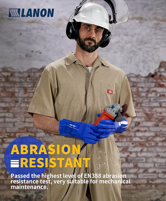 LANON PVC Chemical Resistant Gloves, Heavy-Duty Rubber Gloves, Acid, Alkali and Oil Protection, Non-Slip, Blue, Large