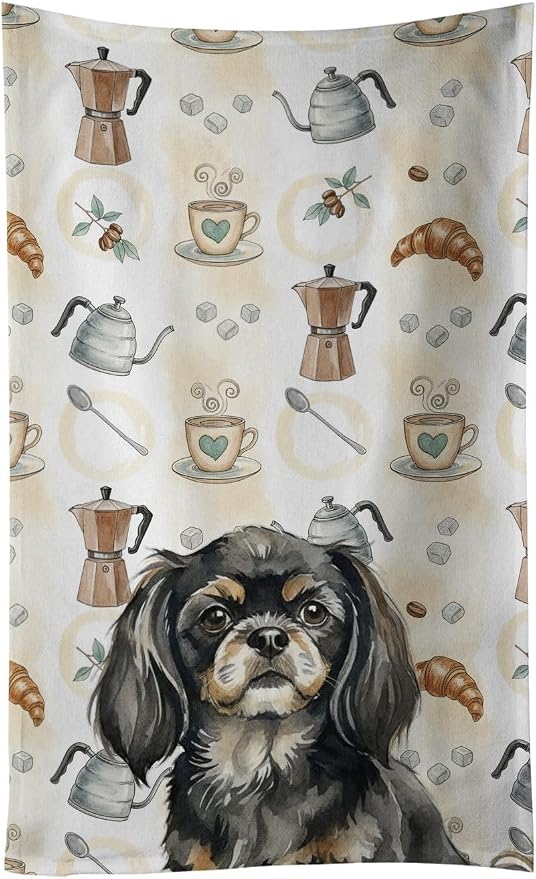 Caroline's Treasures Black and Tan Tibetan Spaniel Coffee Bar Kitchen Towel Velour Plush Front and Cotton Loop Back Machine Washable