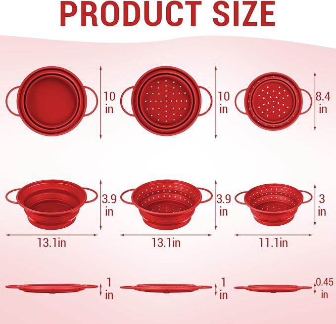3 Pack Collapsible Colander with Strainer Bowl Set, 11 & 13 In BPA-Free Silicone Colanders for Kitchen, Heat-Resistant Space-Saving Strainer Dishwasher Safe Baskets for Vegetable Fruits(Red)
